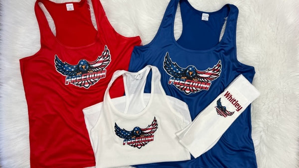 FREEDOM  EAGLE LOGO LADIES DRIFIT RACERBACK TANK TOPS SUBLIMATED GLITTER DESIGN