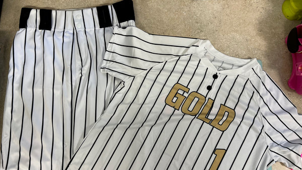 GAINESVILLE GOLD WHITE PINSTRIPE SUBLIMATED JERSEY  AND PANTS