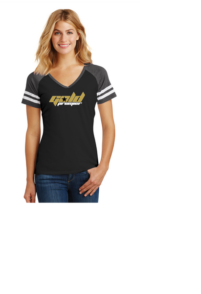 GOLD PREMIER LADIES GAME TEE BLACK/GREY COTTON  SHORT SLEEVE