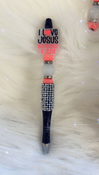 I LOVE JESUS CUSTOM INK PEN JEWELED BLACK WHITE PINK GLITTER