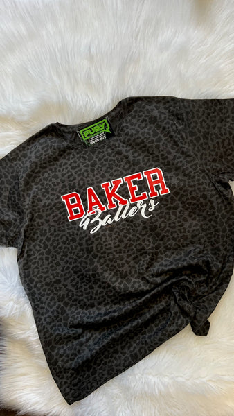 Baker Ballers ladies cut leopard print short sleeve cotton tee