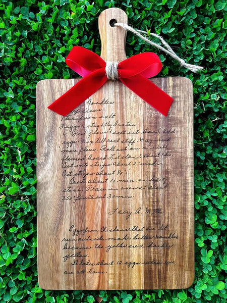 Acacia wood cutting board 8”x16” laser engraved with family recipe