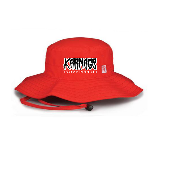 KARNAGE FASTPITCH RED BUCKET HAT EMBROIDERED LOGO IN BLACK AND WHITE
