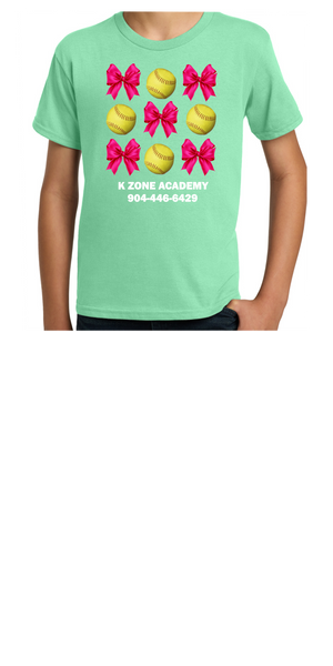 K ZONE ACADEMY MARCH 2025 BOWS AND SOFTBALLS UNISEX COTTON MINT GREEN CAMP TEE