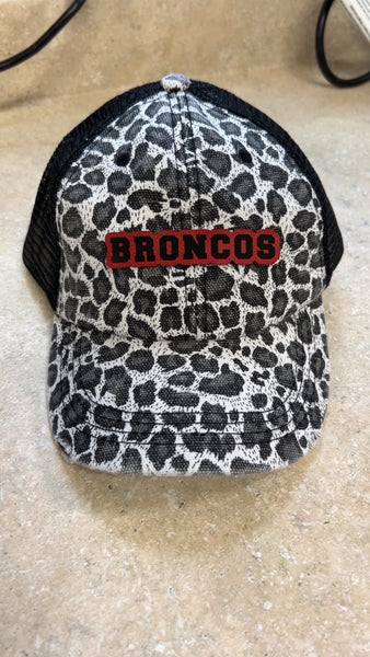 MIDDLEBURG BRONCOS CHEETAH PRINT LADIES SNAP BAT HAT WITH LEATHERETTE PATCH