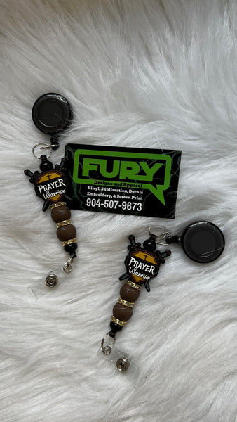 PRAYER WARRIOR BADGE REEL BLACK AND SILVER GOLD