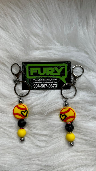 SOFTBALL SILVER KEYCHAIN  BLACK YELLOW RED SILVER