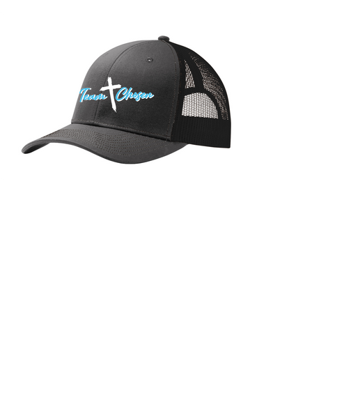 TEAM CHOSEN EMBROIDERED TRUCKER HAT  STEEL AND BLACK SNAP BACK