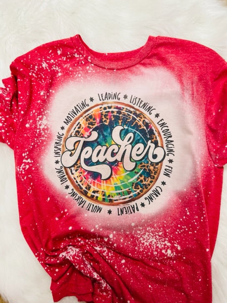 TEACHER TIE DYE WITH LEOPARD  BLEACHED COTTON TEE SHORT SLEEVE