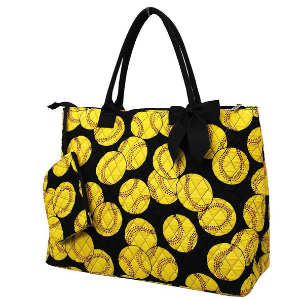 Quilted softball printed large tote